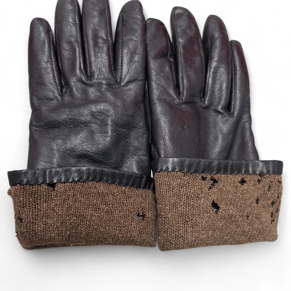 Vtg Isotoner Ladies Black Leather and Brown Cashmere Knit Gloves Size 7 Sm/Med**